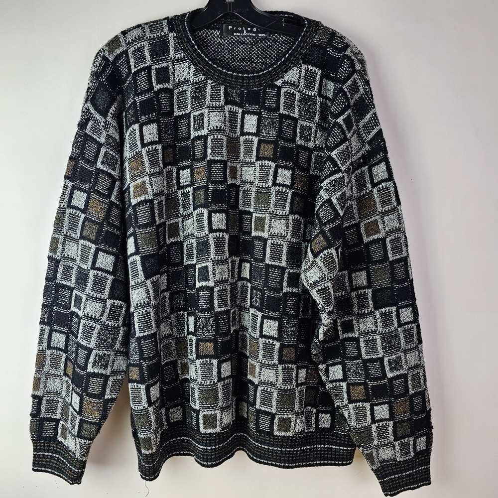 Protege‎ Collection VTG 90s Knit Gray Mens Sweater Made In USA XXL Geometric